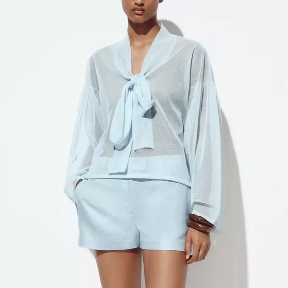 Zara NWT baby blue tie front knit long sleeve semi sheer mesh blouse - Picture 1 of 13